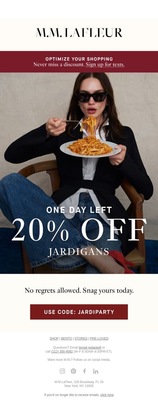 FINAL 24 HRS | 20% Off Jardigans email from M.M.LaFleur screenshot