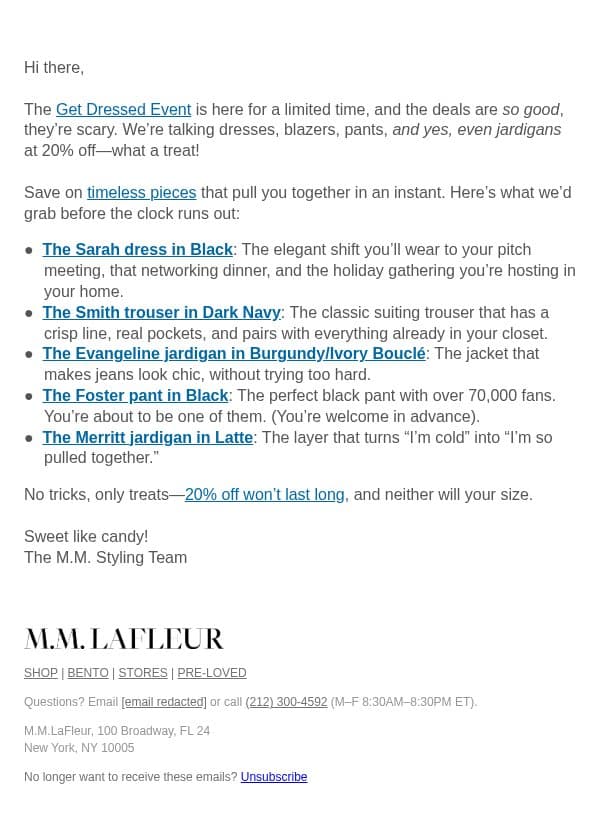 Inside: 20% off Suiting & Dresses email from M.M.LaFleur screenshot