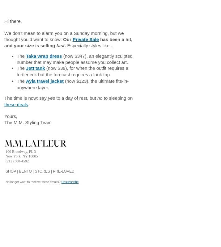 GAH! Your size is selling out. email from M.M.LaFleur screenshot