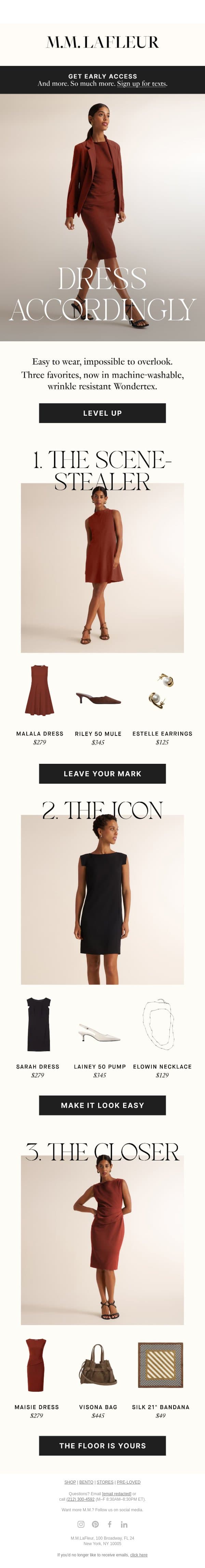 New In: Machine-washable power dresses. email from M.M.LaFleur screenshot
