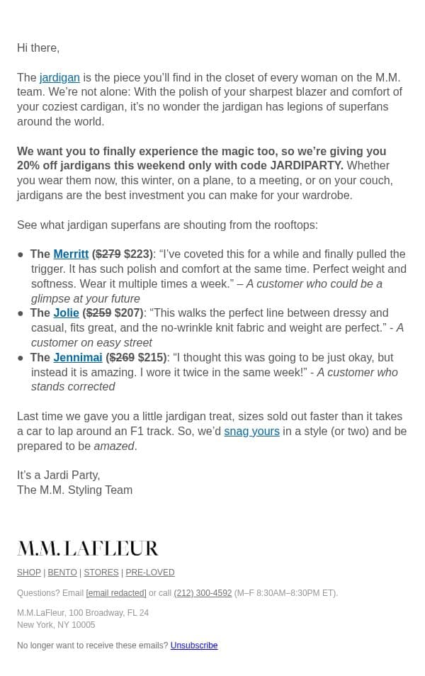 48 Hours Left: 20% off Jardigan email from M.M.LaFleur screenshot