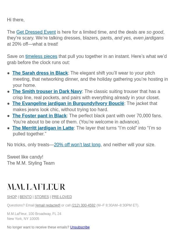 Inside: 20% off Suiting & Dresses email from M.M.LaFleur
