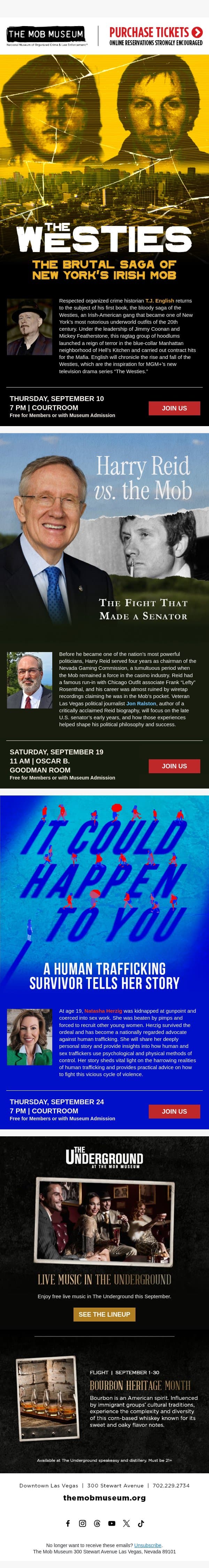 Coming Up: Harry Reid vs. the Mob, The Westies, It Could Happen to You, Live Music, and More email from Mob Museum Tours screenshot