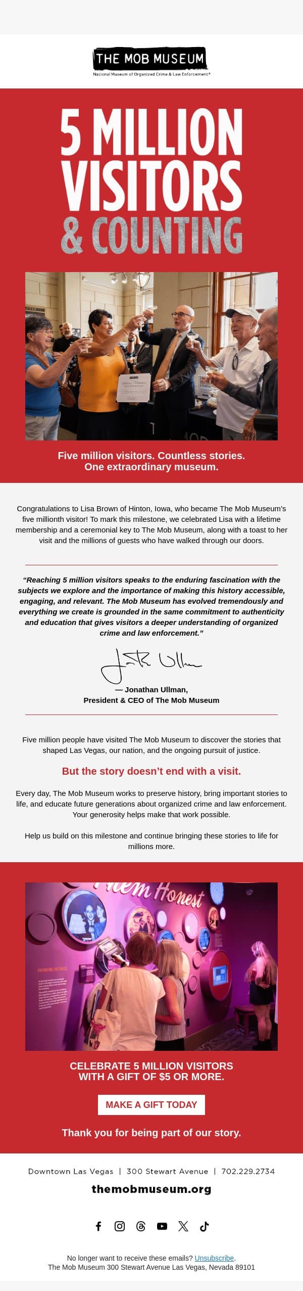 Celebrating 5 Million Visitors and Counting email from Mob Museum Tours screenshot