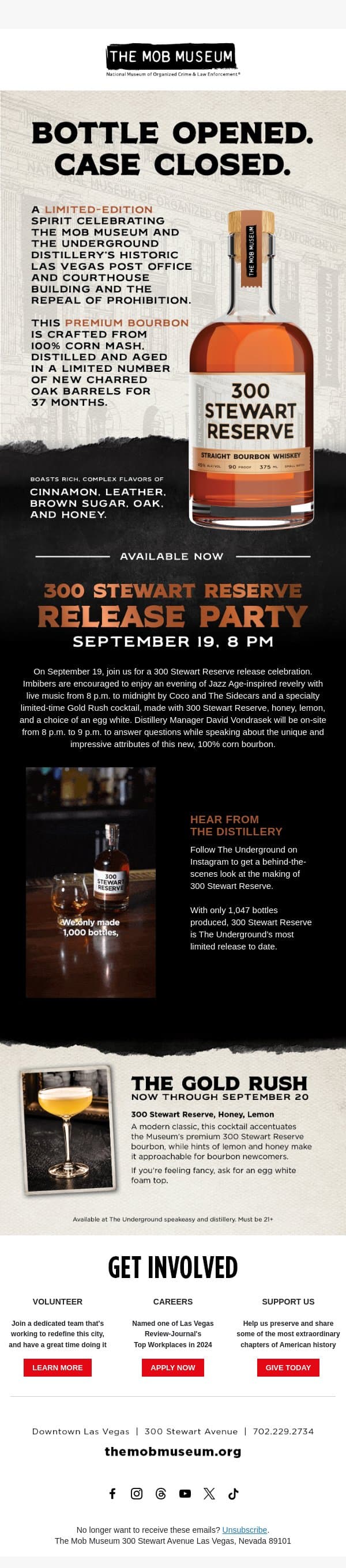 Introducing 300 Stewart Reserve Straight Bourbon Whiskey email from Mob Museum Tours screenshot