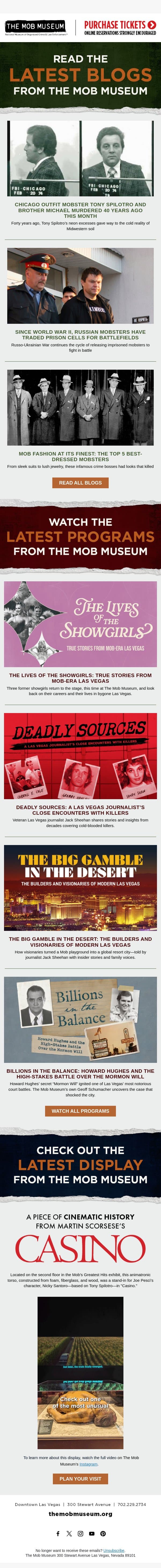 Discover the Latest Blogs, Program Videos, and Displays from The Mob Museum email from Mob Museum Tours screenshot