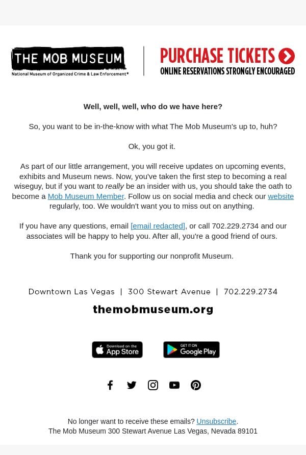 Thank you for signing up! email from Mob Museum Tours screenshot