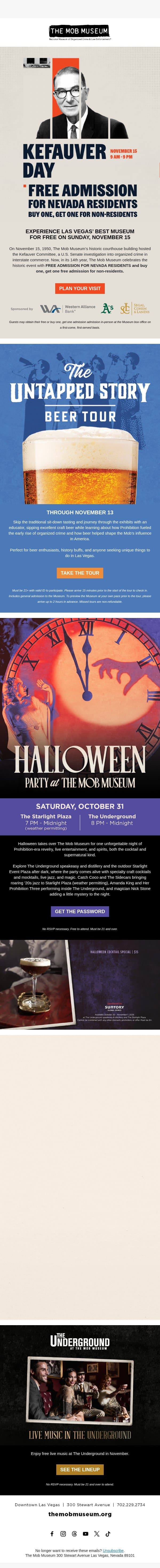 Get Free Admission and More Upcoming Events email from Mob Museum Tours screenshot