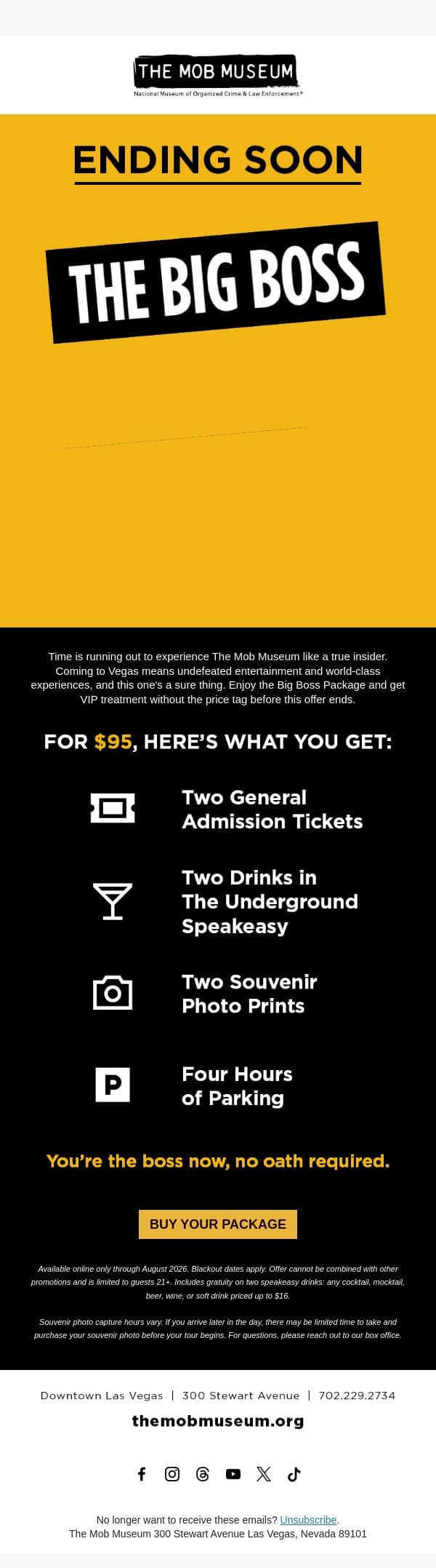 Last Chance to Save Today with The Big Boss Package email from Mob Museum Tours screenshot