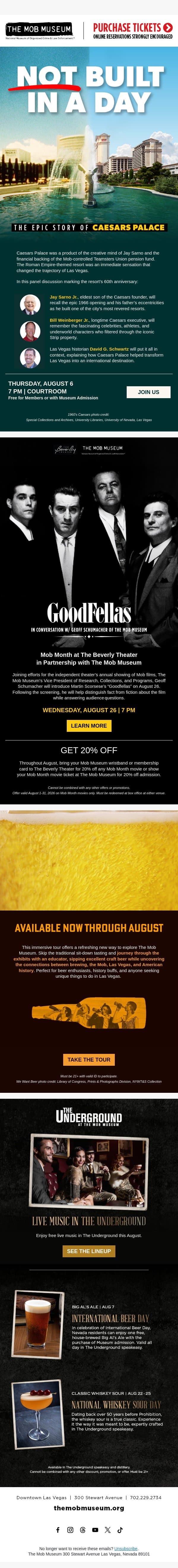 Join Us for The Epic Story of Caesars Palace, Live Music, and More! email from Mob Museum Tours screenshot