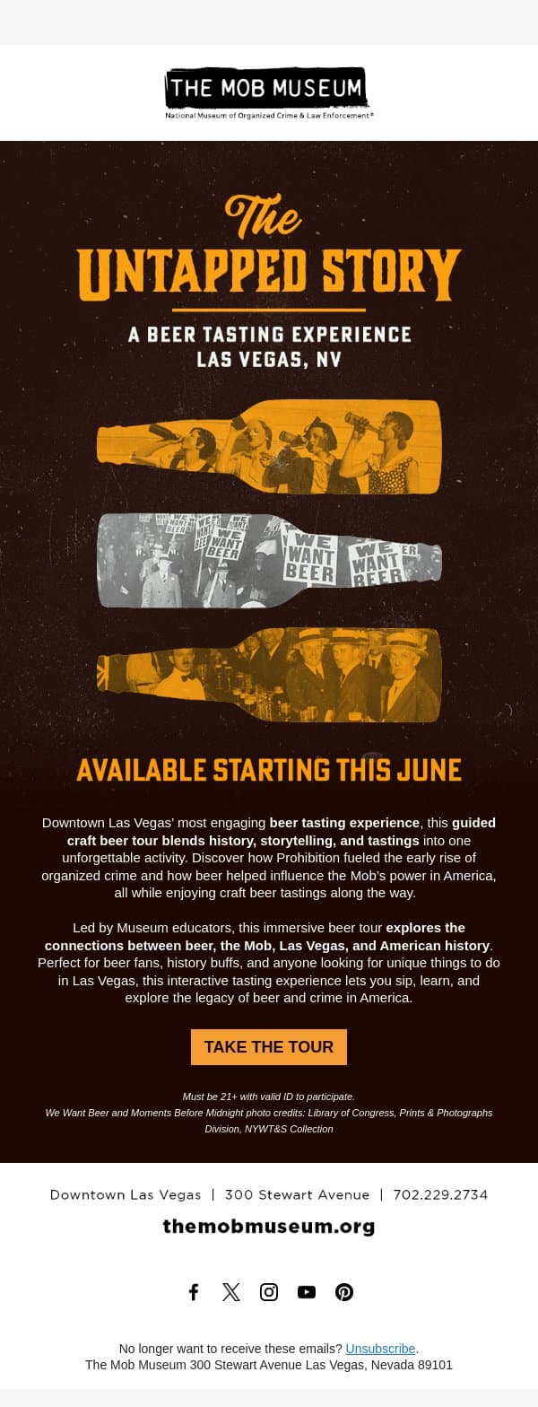 Experience a New Beer Tour: The Untapped Story email from Mob Museum Tours screenshot