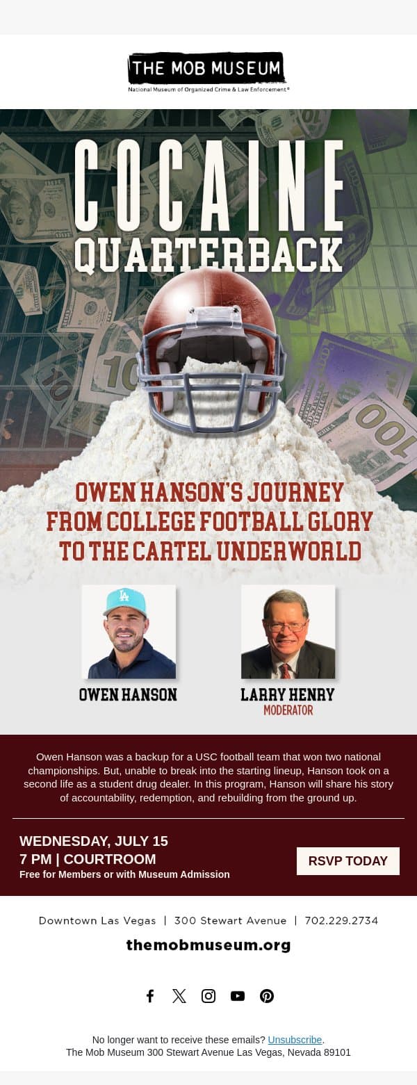 RSVP for Cocaine Quarterback: Owen Hanson's Journey From College Football Glory to the Cartel Underworld email from Mob Museum Tours screenshot
