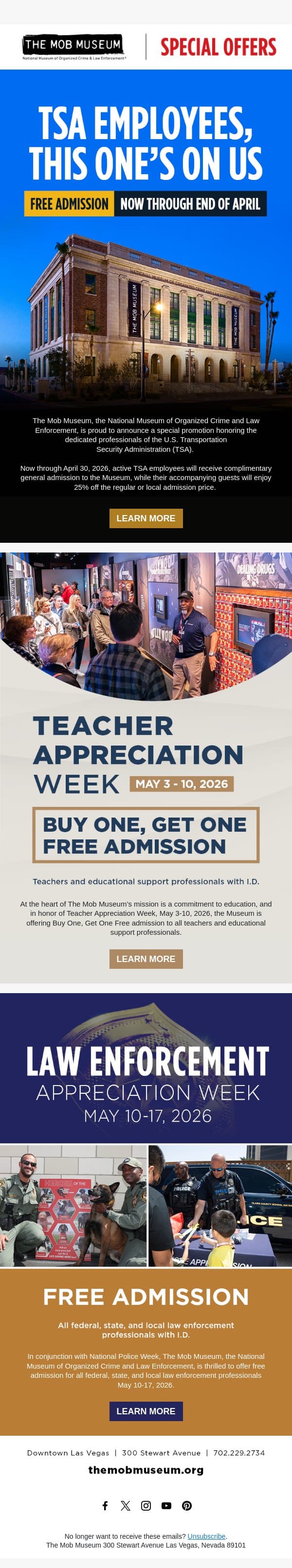 Special Offers for TSA Employees, Teachers, and Law Enforcement email from Mob Museum Tours screenshot
