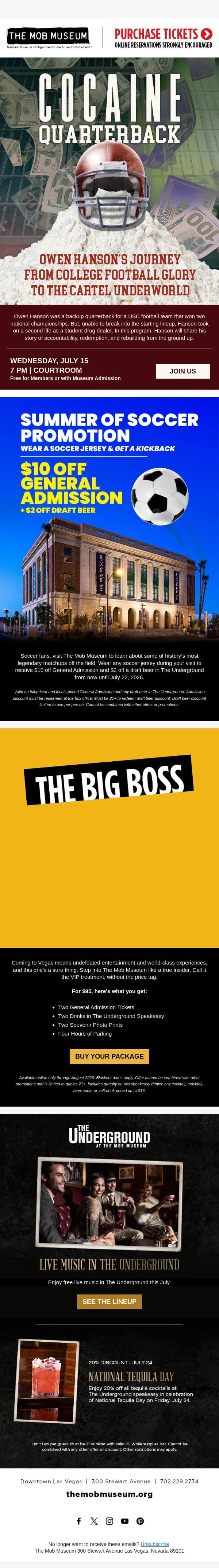 Don't Miss a Program with Cocaine Quarterback Owen Hanson, Limited Summer Offerings, Live Music, and More! email from Mob Museum Tours screenshot