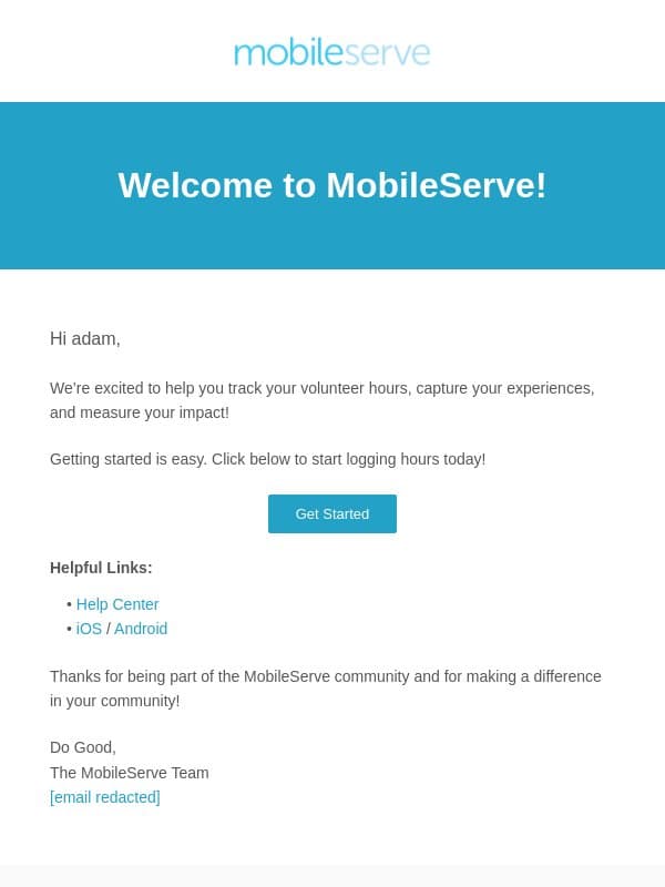 Welcome to MobileServe! email from MobileServe