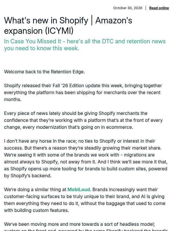 What's new in Shopify | Amazon's expansion (ICYMI) email from MobiLoud
