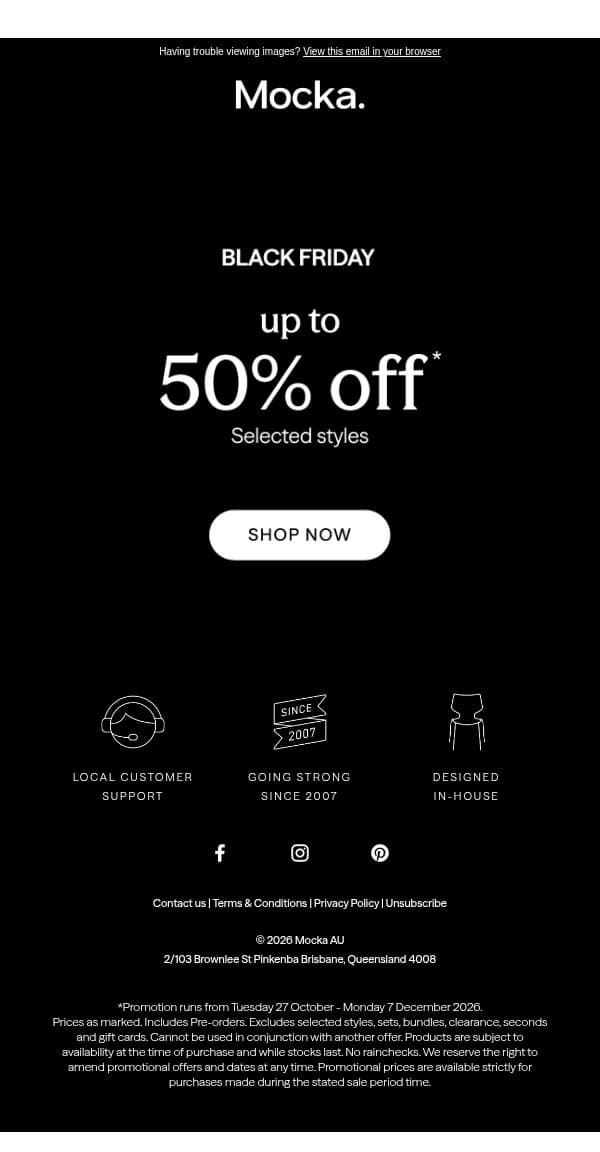 Black Friday Sale Starts Now. email from Mocka screenshot