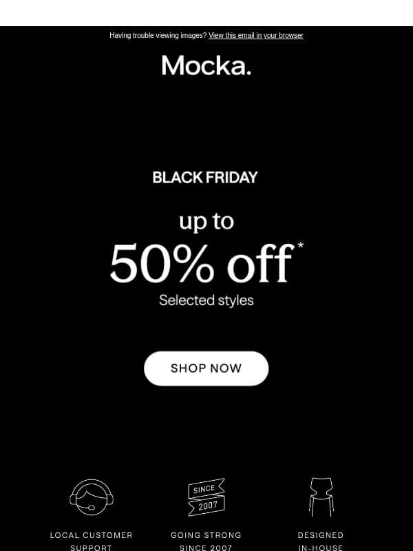 Black Friday Sale Starts Now. email from Mocka