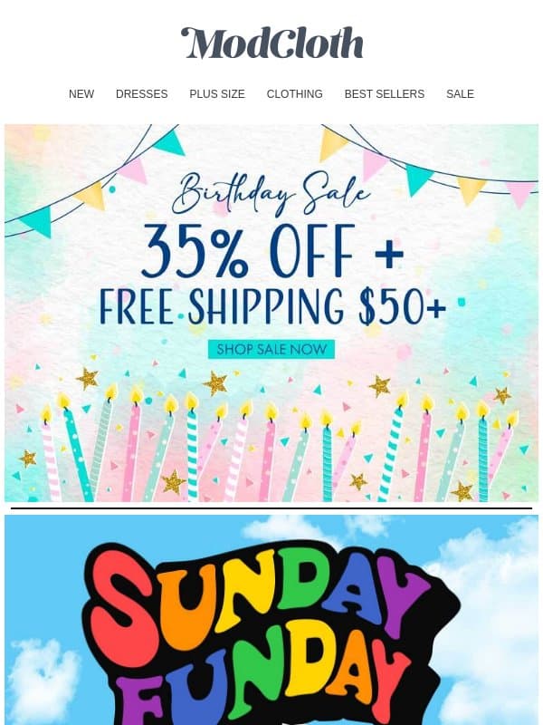 Birthday Behavior: 35% Off + Free Shipping 💃🍰 email from ModCloth