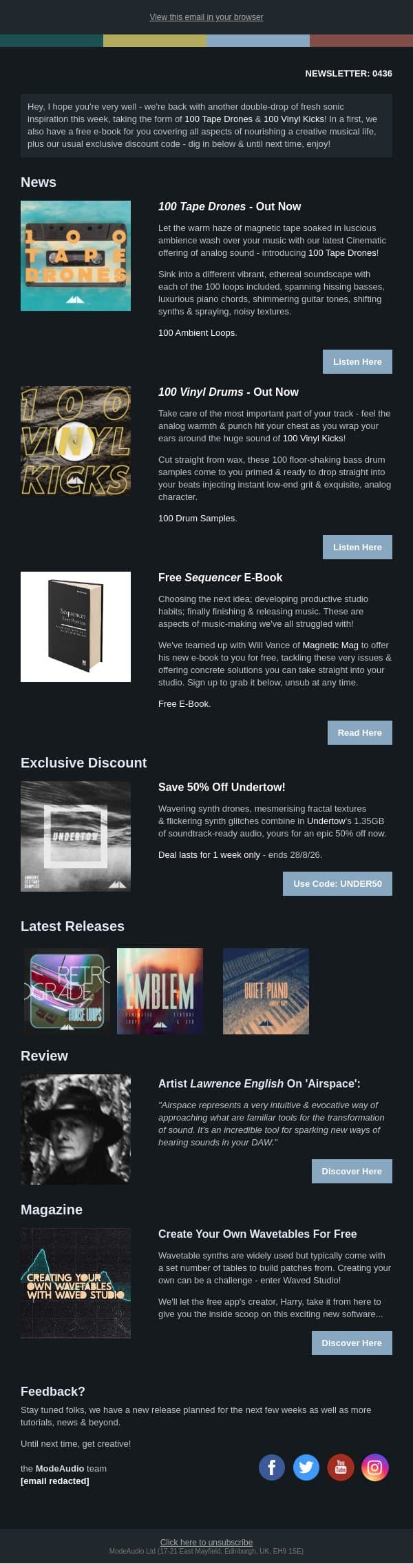 621MB Of Tape-Baked Ambient Drones, 100 Vinyl Kicks & Free E-Book Just For You! email from ModeAudio screenshot