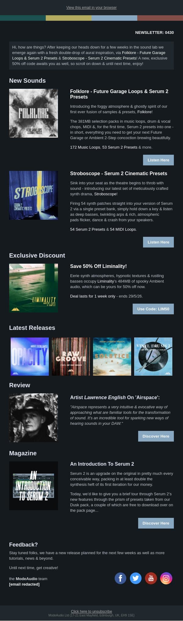 381MB Of Ghostly Garage Loops & 54 Cinematic Serum 2 Presets Out Now! email from ModeAudio screenshot