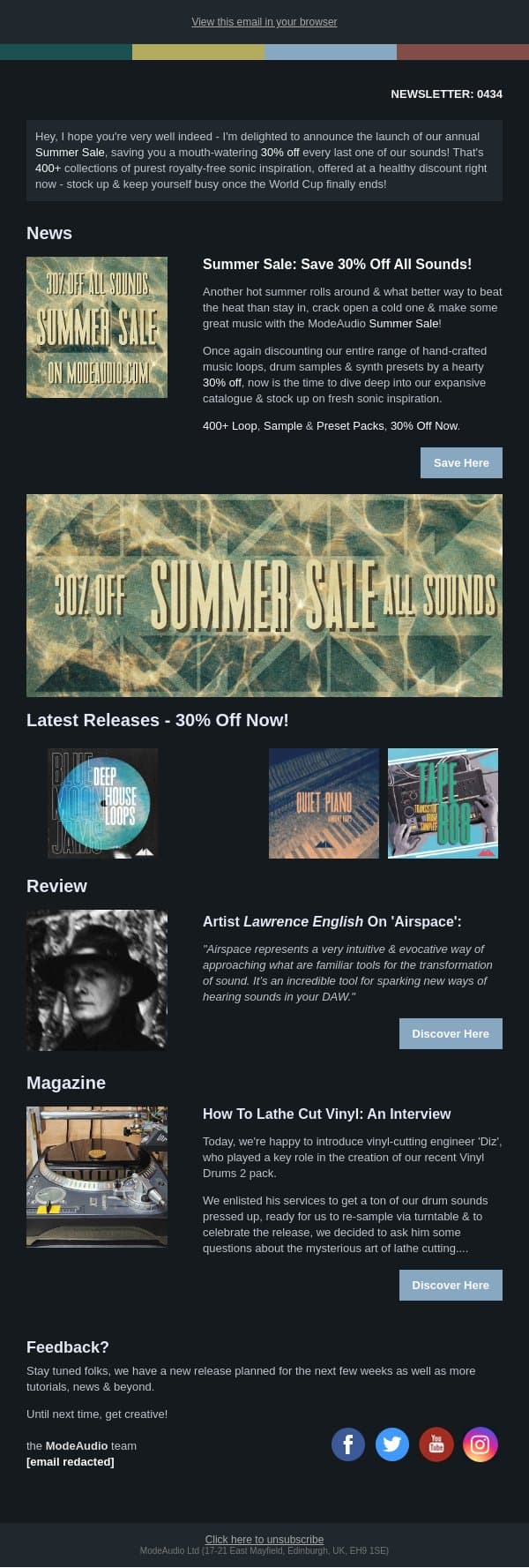 Summer Sale: Save 30% Off All Our Sounds Now! email from ModeAudio screenshot