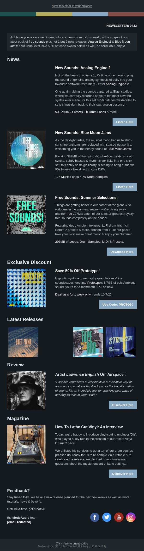 Free Sounds: 297MB Of Pure Sonic Inspiration + 2 Brand New Packs! email from ModeAudio screenshot