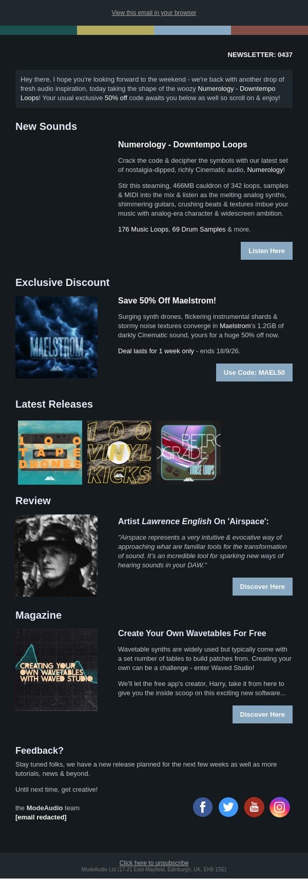 466MB Of Melting Analog Synths & Trip Hop Beats For Your Next Track email from ModeAudio screenshot