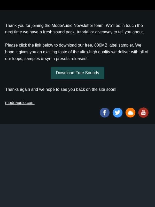 Welcome To ModeAudio! email from ModeAudio screenshot