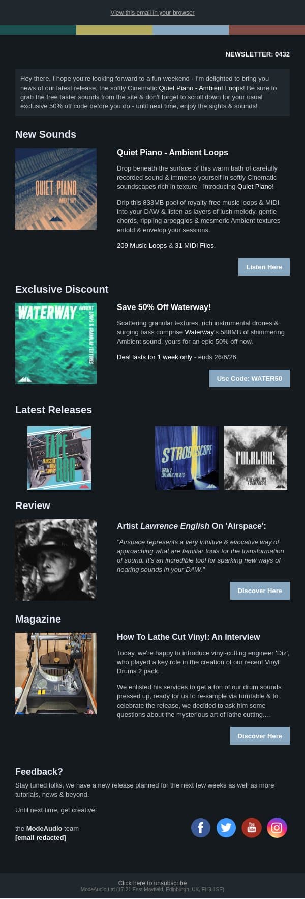 833MB Of Quiet, Atmospheric Piano Loops For Your Next Soundtrack... email from ModeAudio screenshot