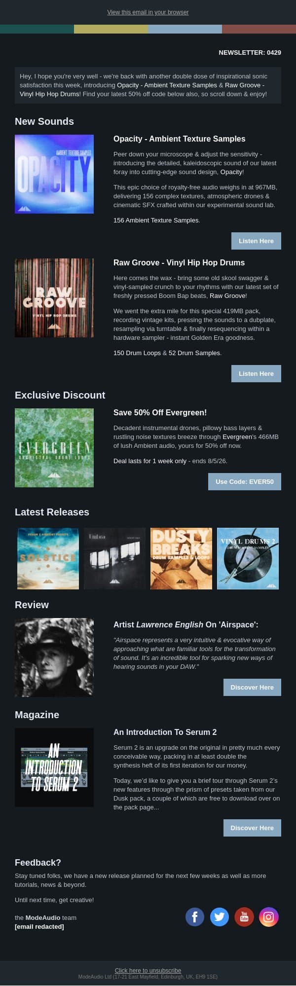 967MB Of Cinematic Sonic Textures & 419MB Of Vinyl Breaks Out Now! email from ModeAudio screenshot