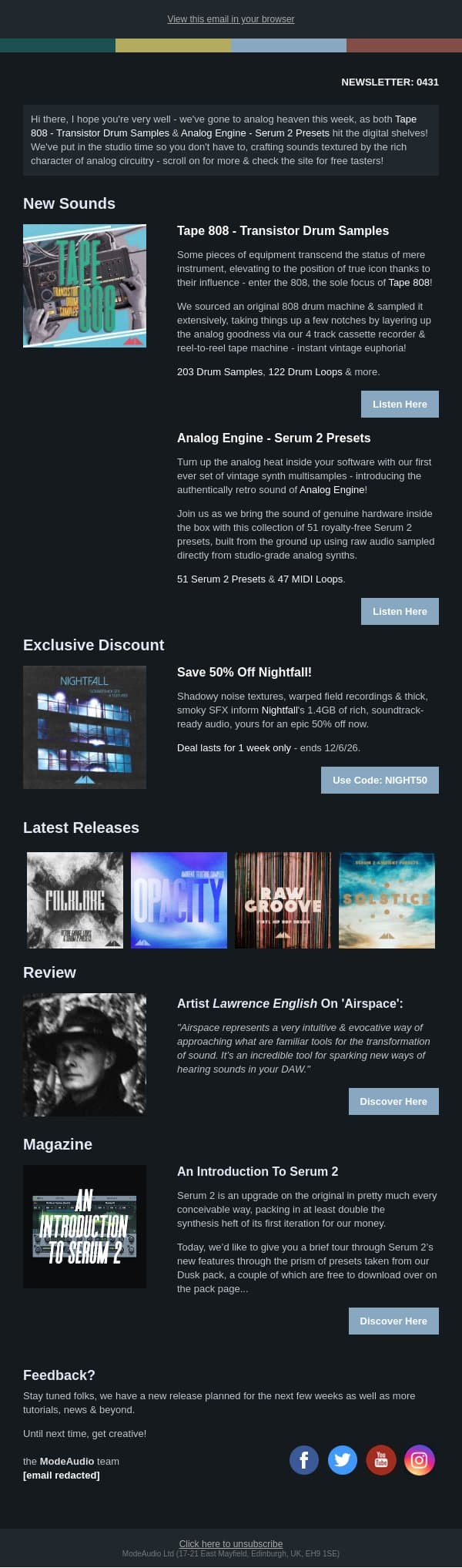 Enter Analog Heaven: Genuine 808 Samples + Analog Synths For Serum 2 Out Now! email from ModeAudio screenshot