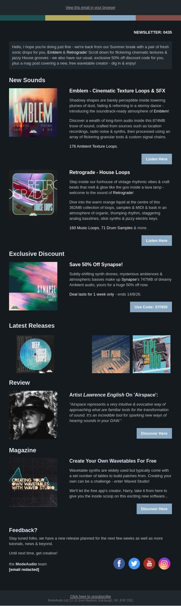874MB Of Cinematic Textures & 362MB Of Retro House Jams For Your Next Track... email from ModeAudio screenshot