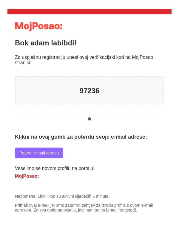 Registracija email from MojPosao screenshot