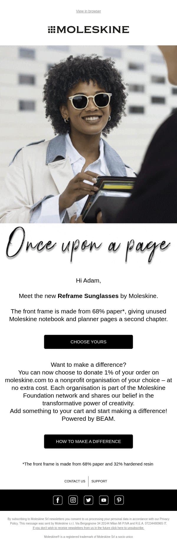 Reframe Sunglasses: once upon a page email from Moleskine Smart Writing Set screenshot
