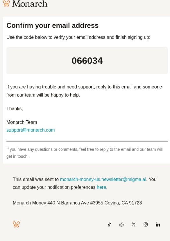 Your code is 066034 email from Monarch Money screenshot