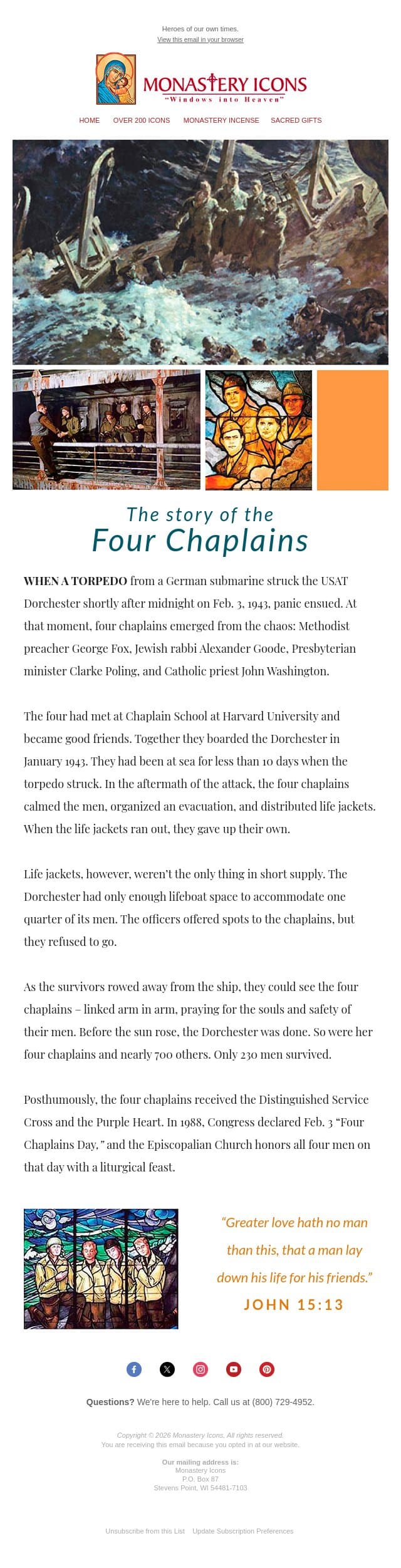 A Memorial Day Story: The Four Chaplains email from Monastery Icons screenshot