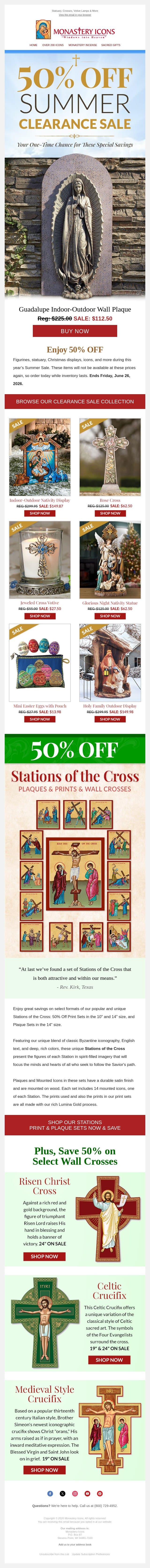 50% OFF Summer Clearance Sale email from Monastery Icons screenshot