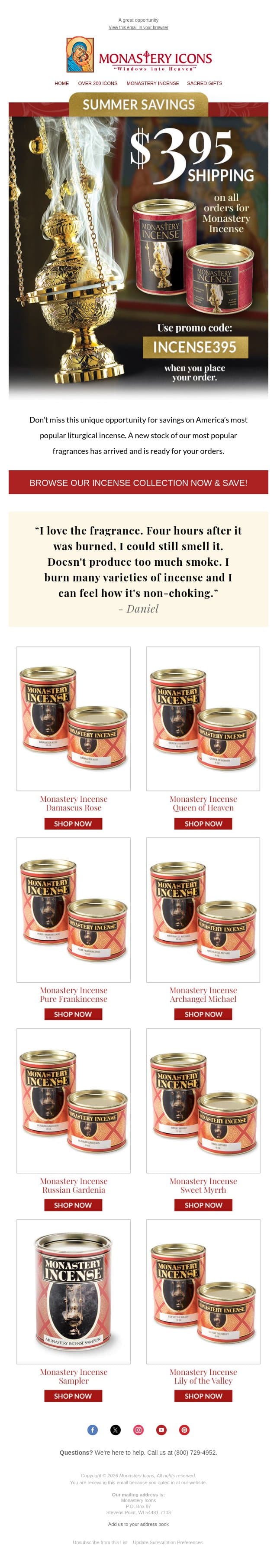 Only $3.95 Shipping on Your Incense Orders email from Monastery Icons screenshot