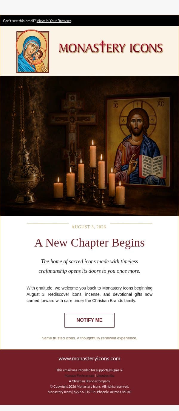 We're almost back! email from Monastery Icons screenshot