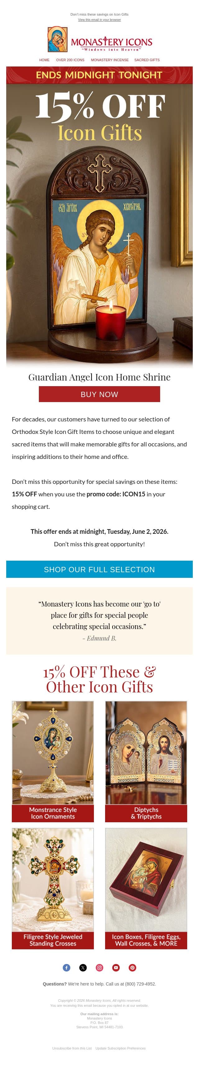 Just a Few More Hours for Your 15% Discount email from Monastery Icons screenshot