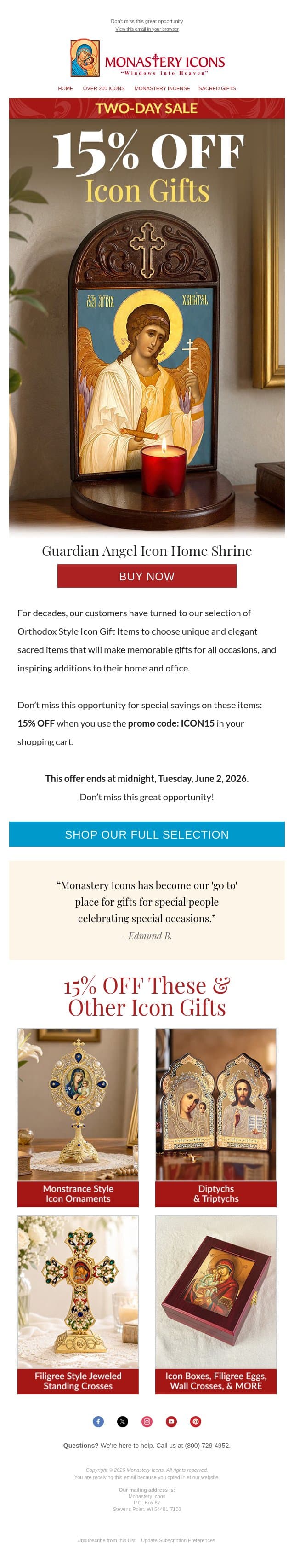 Special Icon Gifts Sale: 15% OFF email from Monastery Icons screenshot