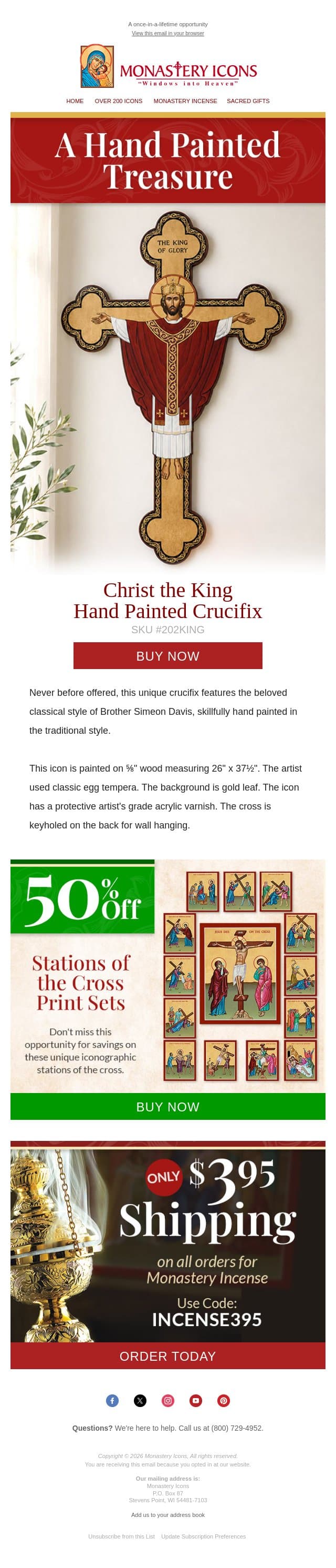 One of a Kind: A Hand-Painted Christ the King Crucifix from Brother Simeon email from Monastery Icons screenshot