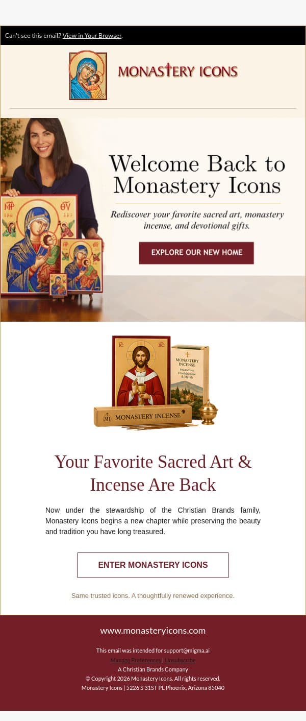 Our Doors Are Now Open email from Monastery Icons screenshot
