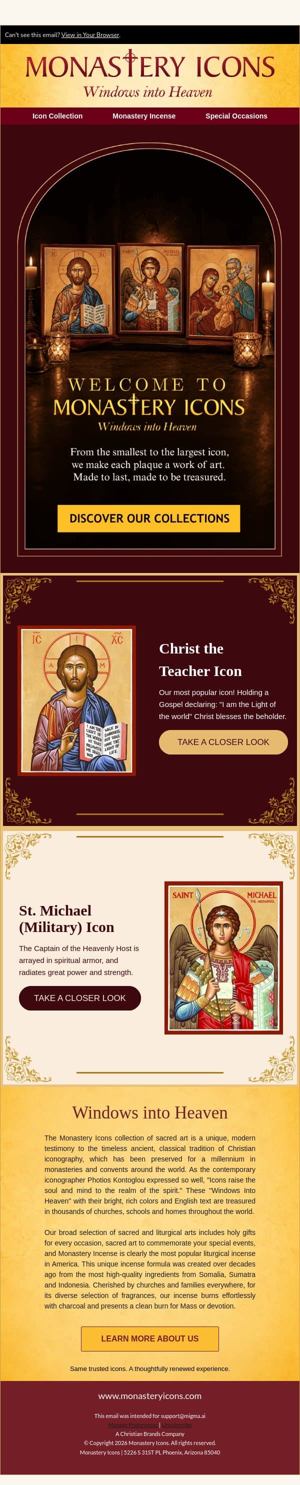 Welcome back to Monastery Icons email from Monastery Icons screenshot