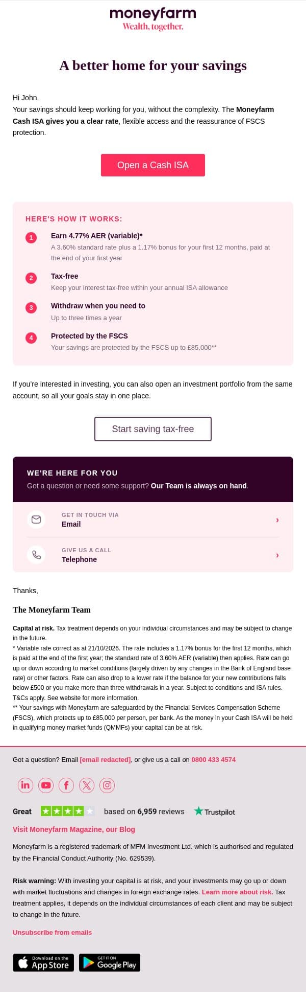 4.77% AER (variable) on your savings, tax-free email from Moneyfarm screenshot