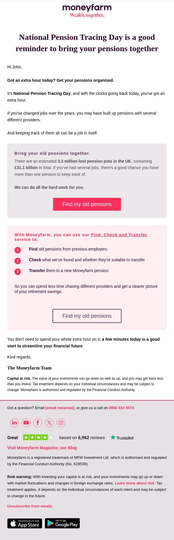 Got an extra hour today? Tidy up your pensions email from Moneyfarm screenshot