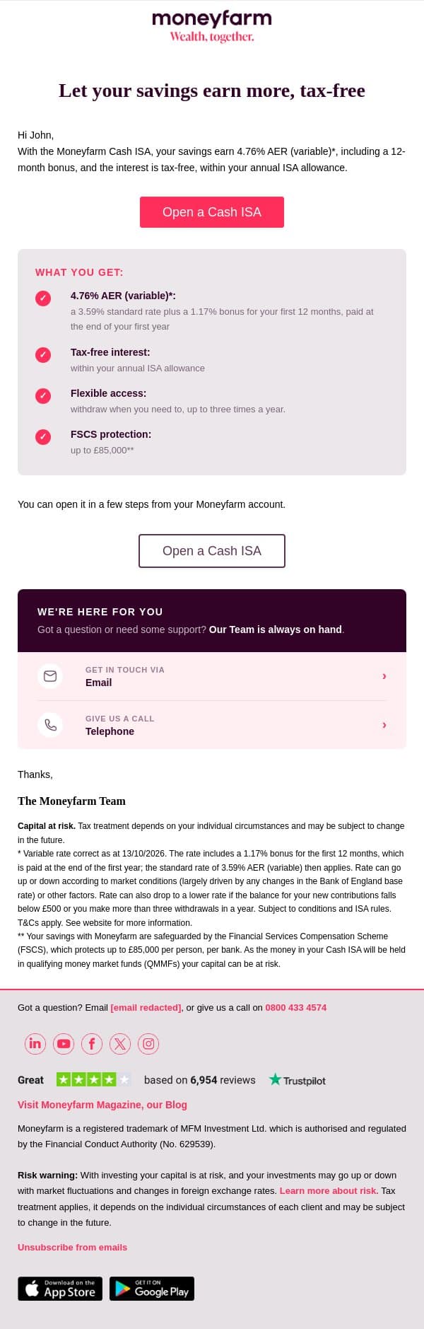 Your savings, tax-free at 4.76% AER (variable) email from Moneyfarm screenshot