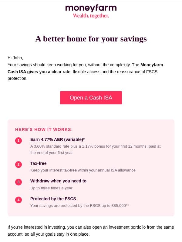 4.77% AER (variable) on your savings, tax-free email from Moneyfarm