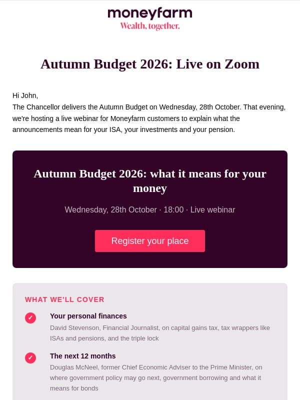 You're invited: Autumn Budget 2026 Webinar – what it means for your money email from Moneyfarm